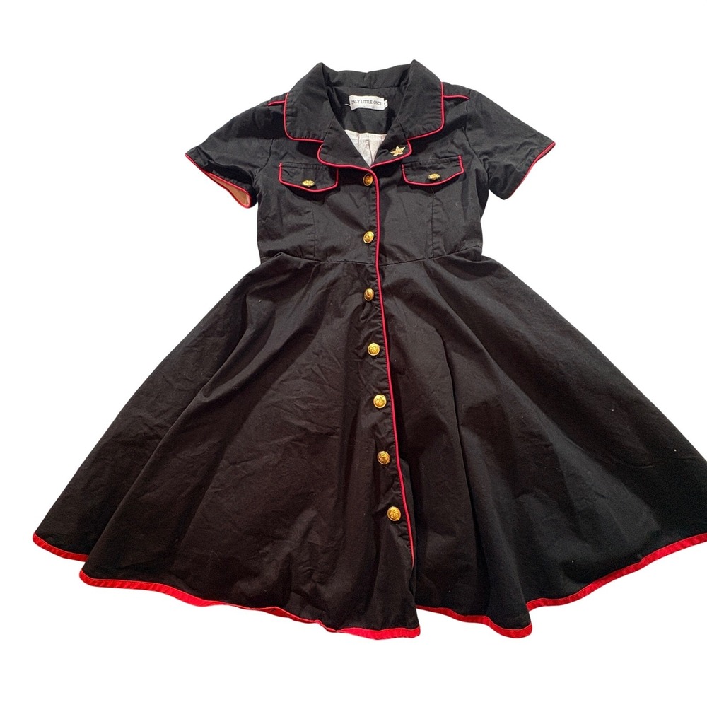 Only Little Once Military Dress Girl 12 Black Red Trim Cotton Circle Skirt Dress
